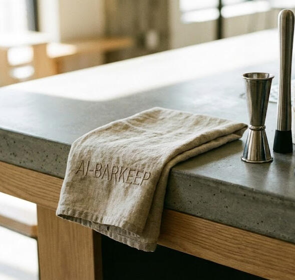 Your Friendly AI Bartender A towel with AI-BARKEEP written on it on a concrete bar with mearing devices around.
